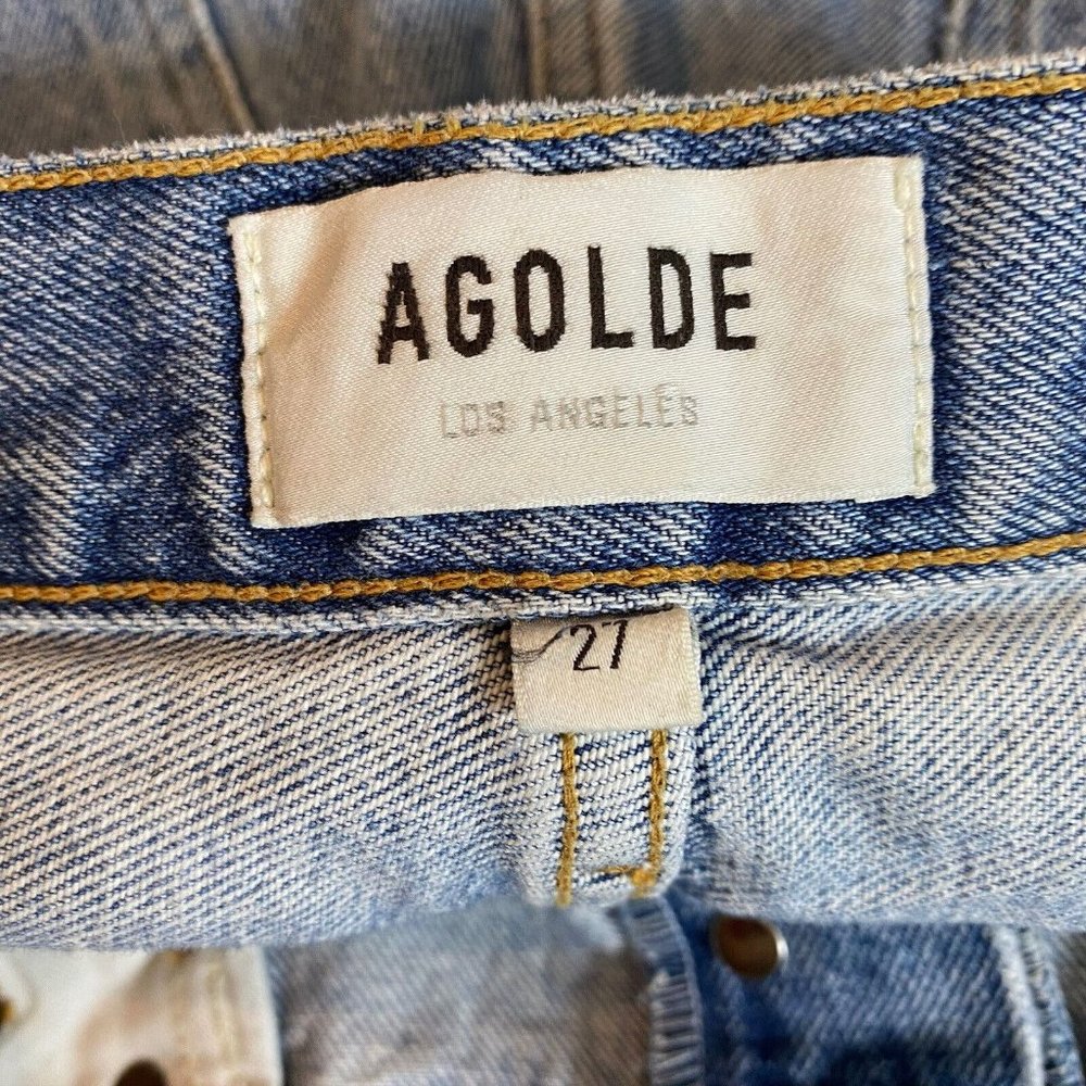 AGOLDE High Rise Distressed Straight Leg Jeans in Light Blue